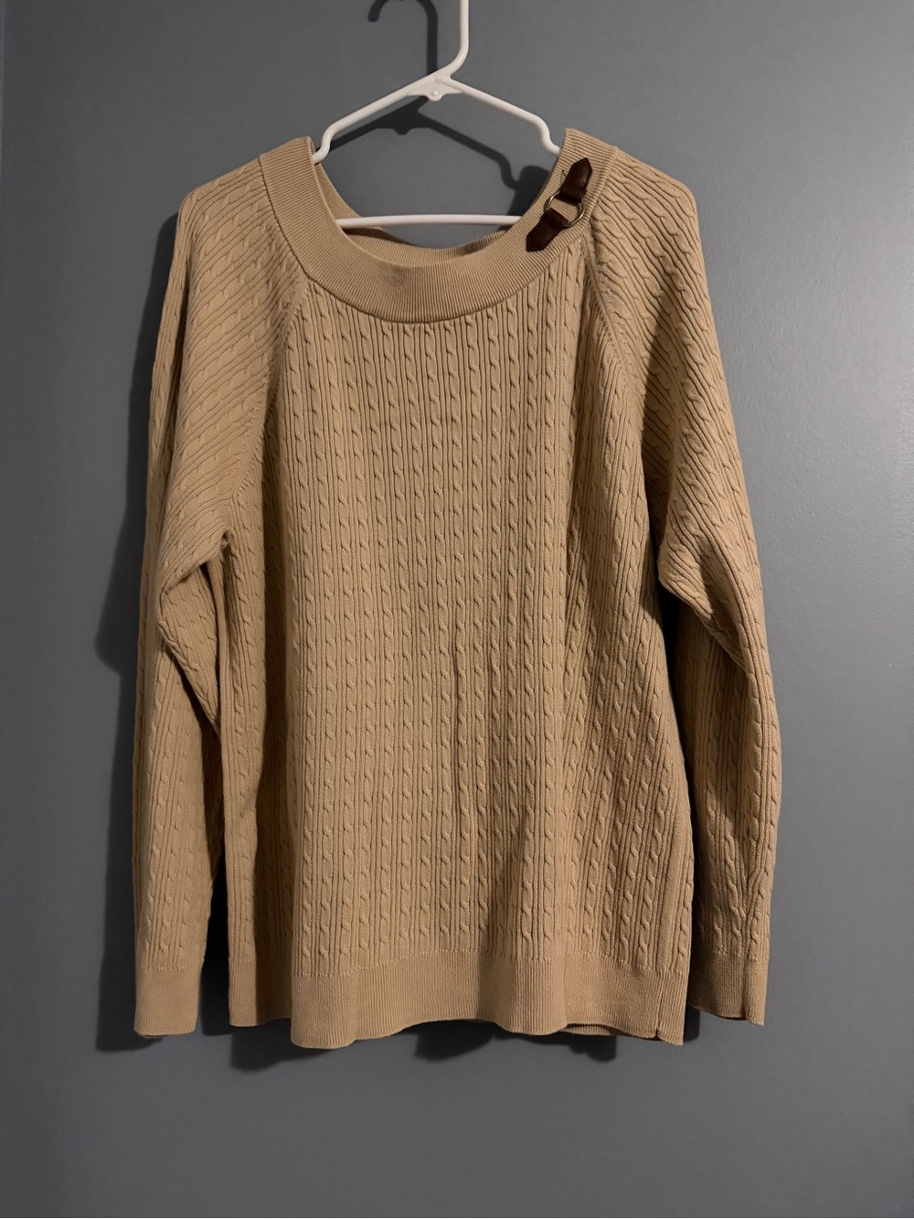 Scott Camel Cable Knit Crewneck Sweater with Shoulder Buckle Detail
